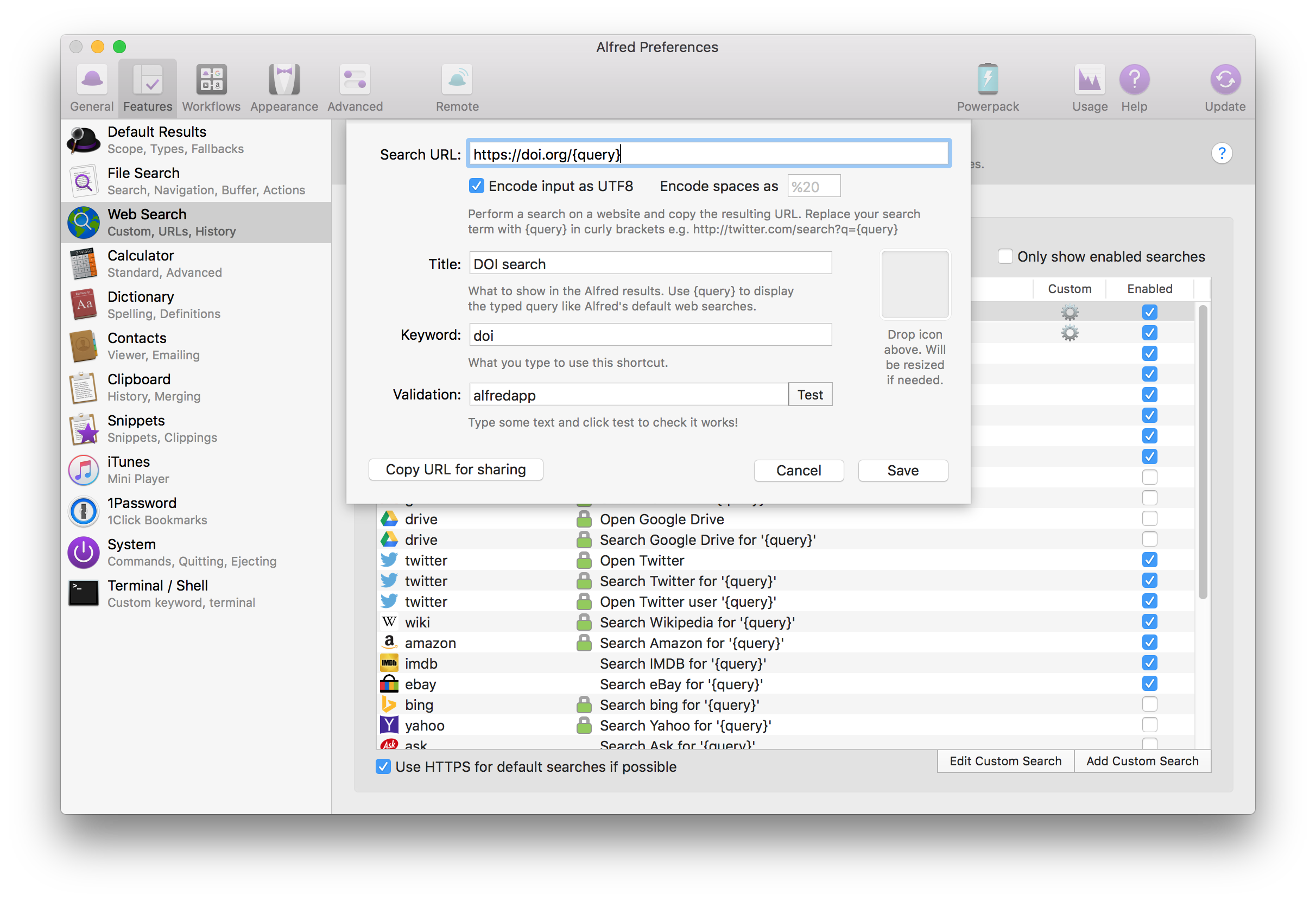 Alfred custom web search dialog